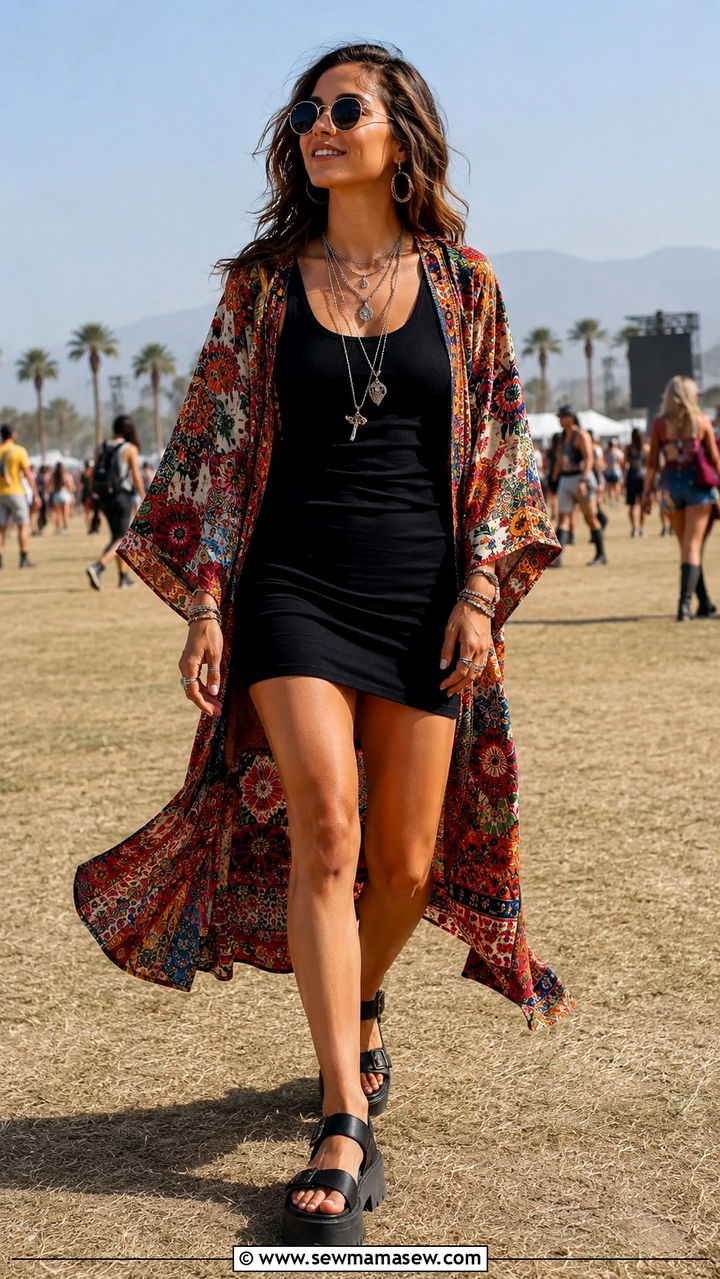 Kimono cover up over bodycon dress with chunky platform sandals - 30 Bodycon dress outfit ideas with sandals