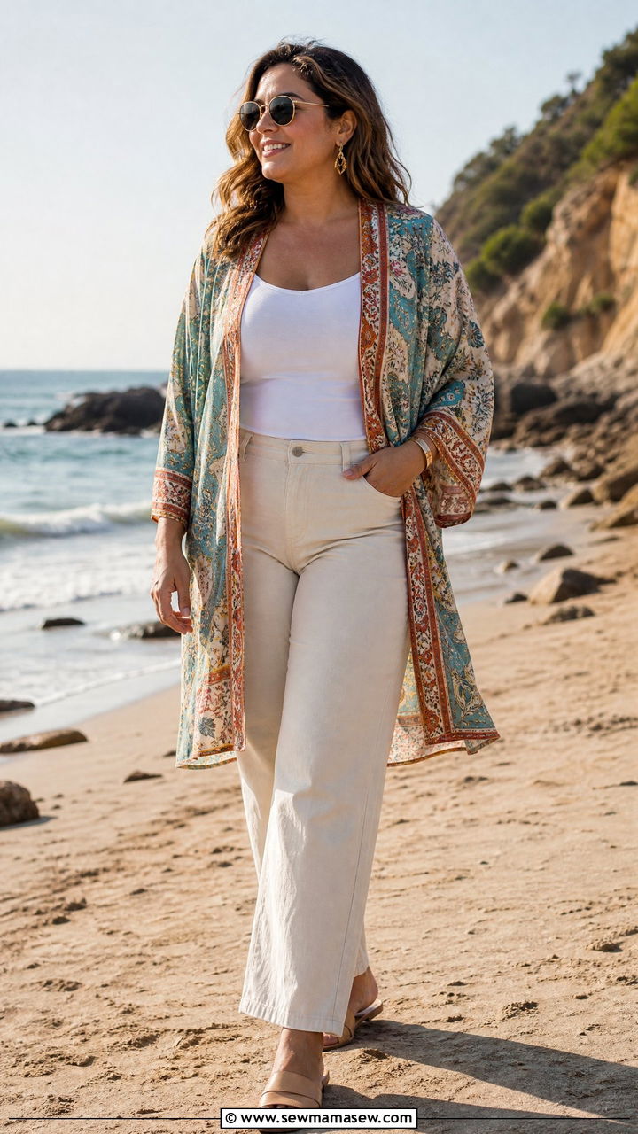 Kimono cover up with a tank and straight pants - 25 casual outfits for apple shaped body