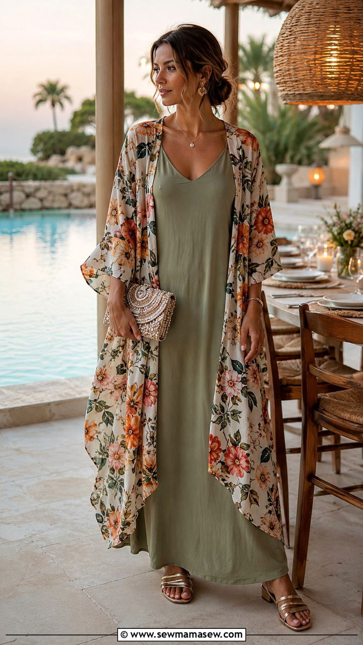 Kimono cover up with maxi dress modest vacation outfit - 30 Modest outfit ideas for vacation