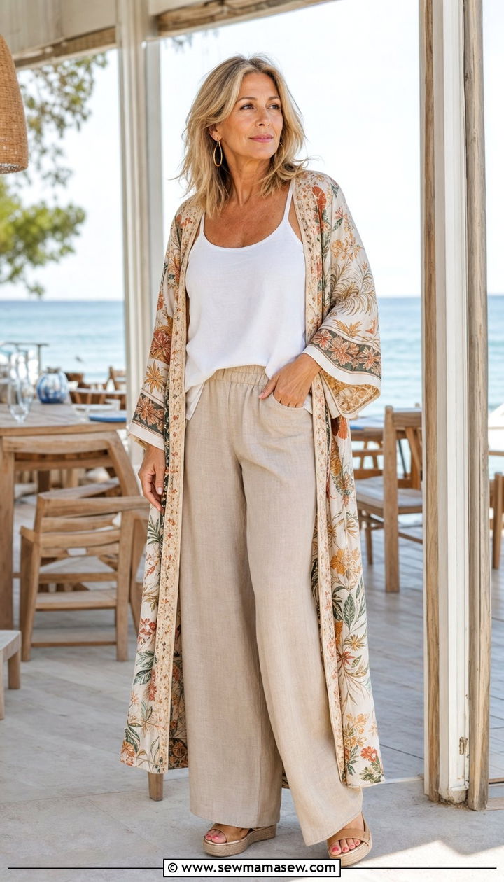 Kimono cover up with wide leg pants and wedges - 25 Cover up outfit ideas for women over 50