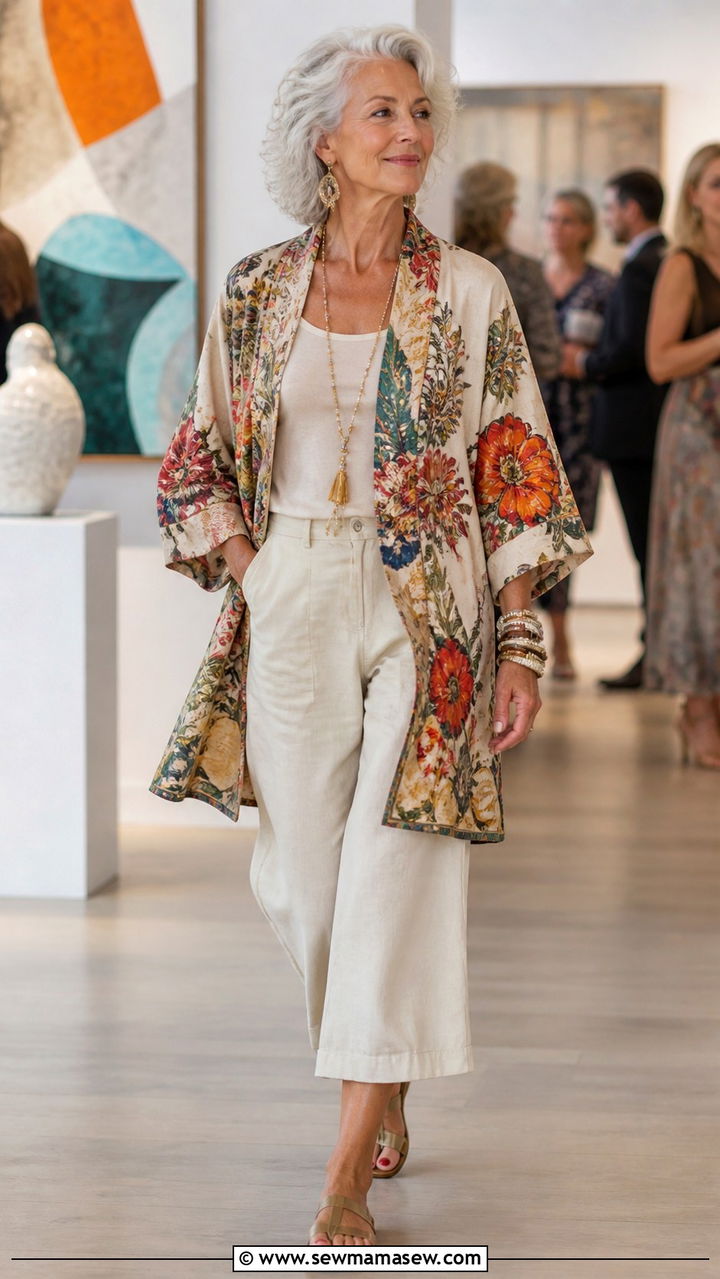 Kimono jacket and wide leg pants outfit for women over 60 - 40 How to dress in your 60s