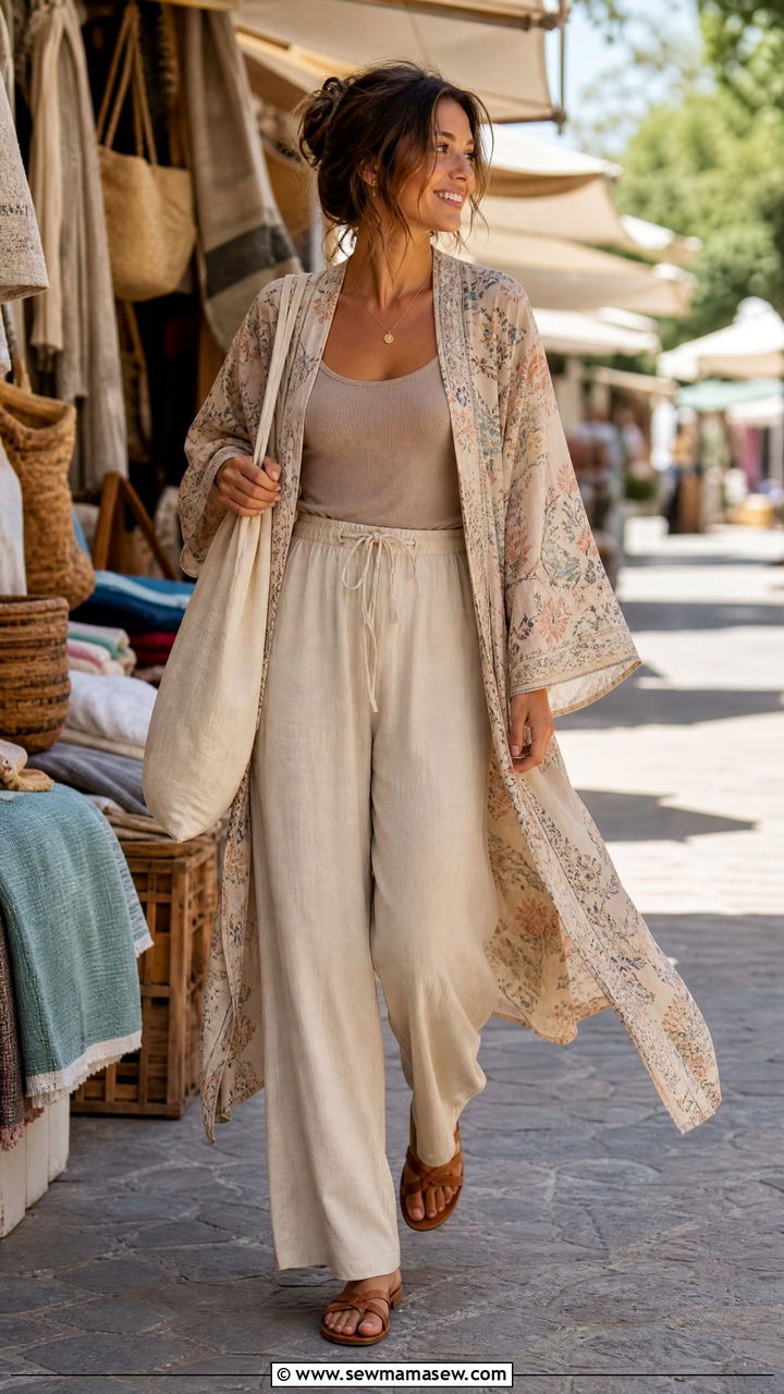 Kimono jacket over tank top and wideleg pants - 30 summer outfits for modest women