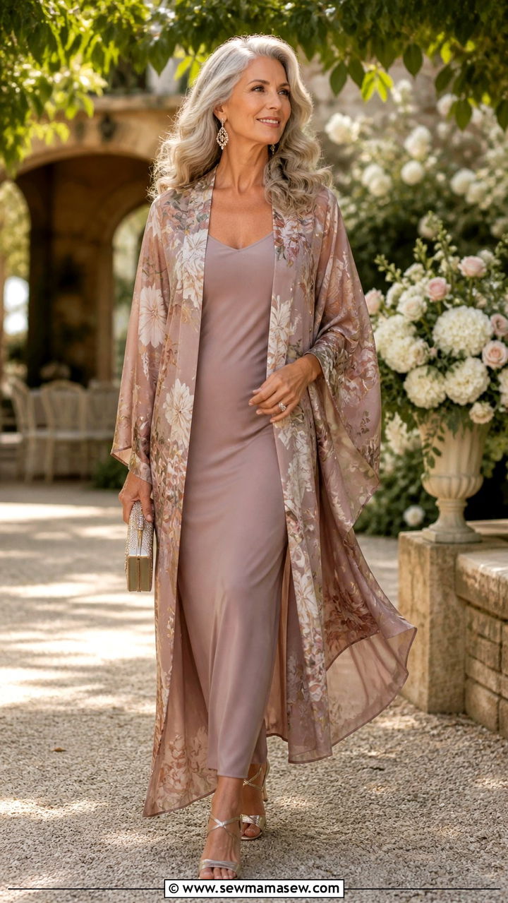 Kimono jacket with slip dress outfit - 20 60 year old woman outfit ideas