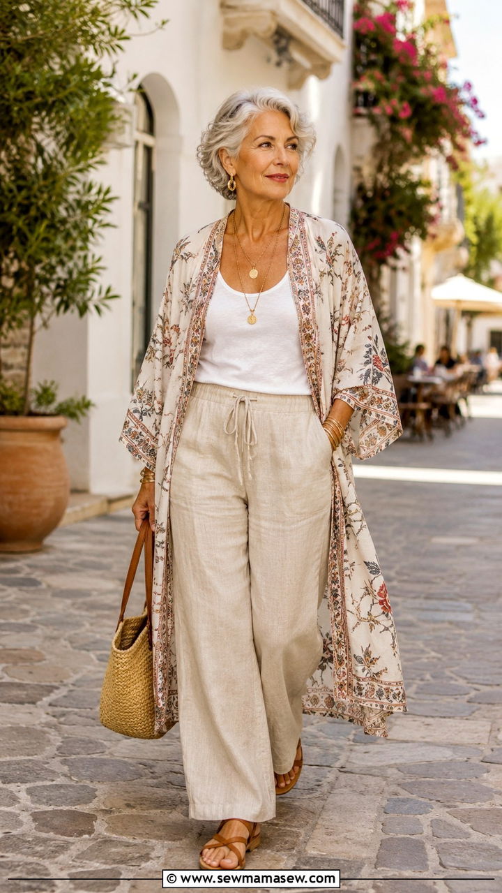 Kimono layer with wide leg linen pants - 30 Boho outfits for women over 50