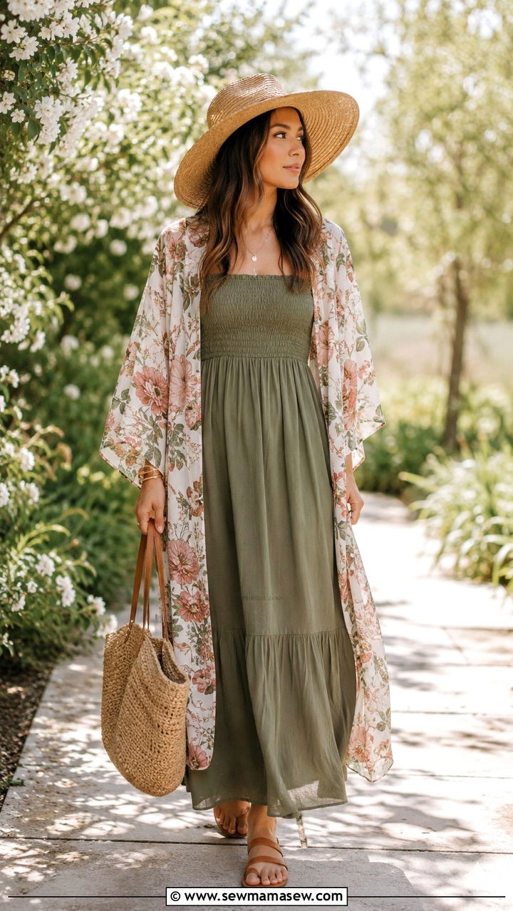 Kimono over Maxi Dress Outfit - 25 Boho outfit ideas with kimono