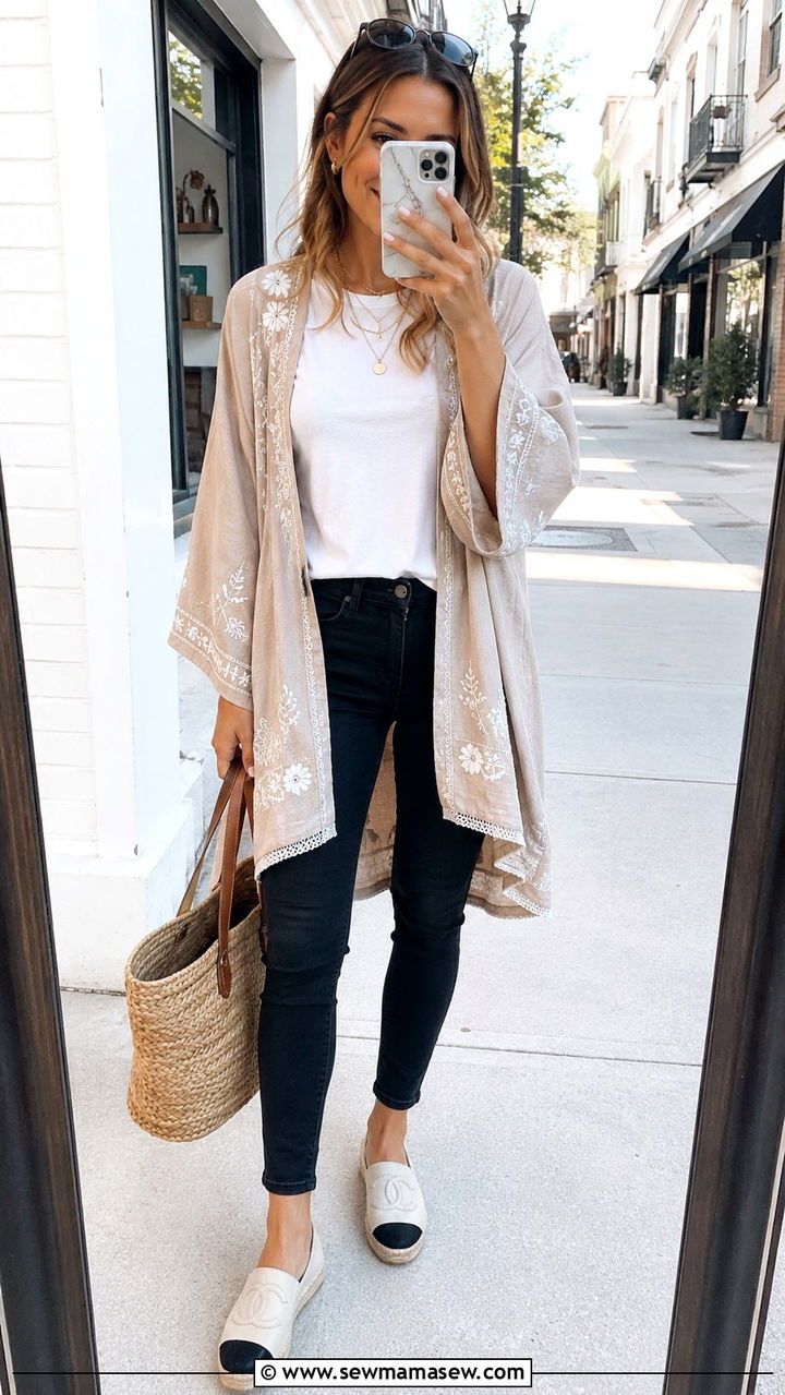 Kimono over basic tee and skinny jeans - 25 Boho outfit ideas with jeans