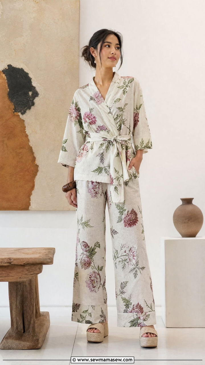 Kimono pajama set with platform sandals - 30 Summer pajama outfit ideas