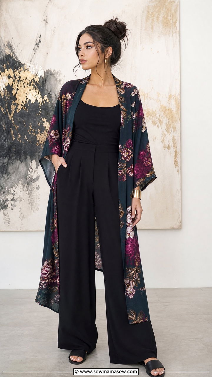Kimono robe and wide leg pants outfit for makeup artists - 30 Makeup artist outfit ideas
