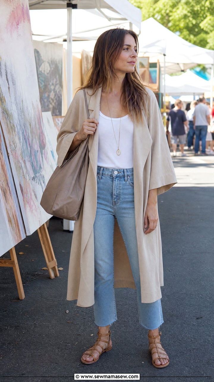 Kimono sleeve trench coat summer outfit - 30 summer trench coat outfit ideas
