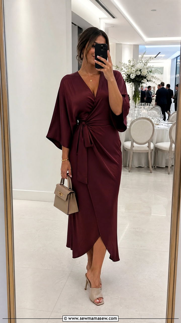 Kimono sleeve wrap dress and heeled mules outfit for broad shoulders - 25 Outfits for broad shoulders