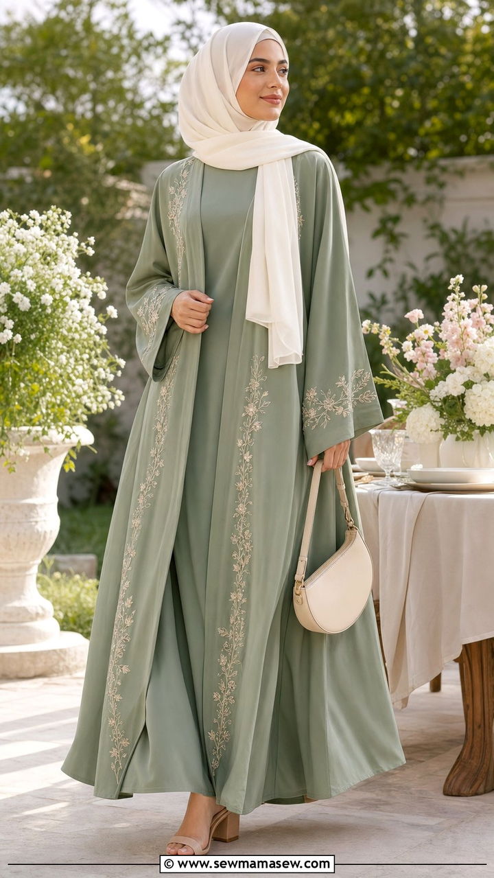 Kimono style abaya with inner dress - 25 Eid outfit ideas with abaya
