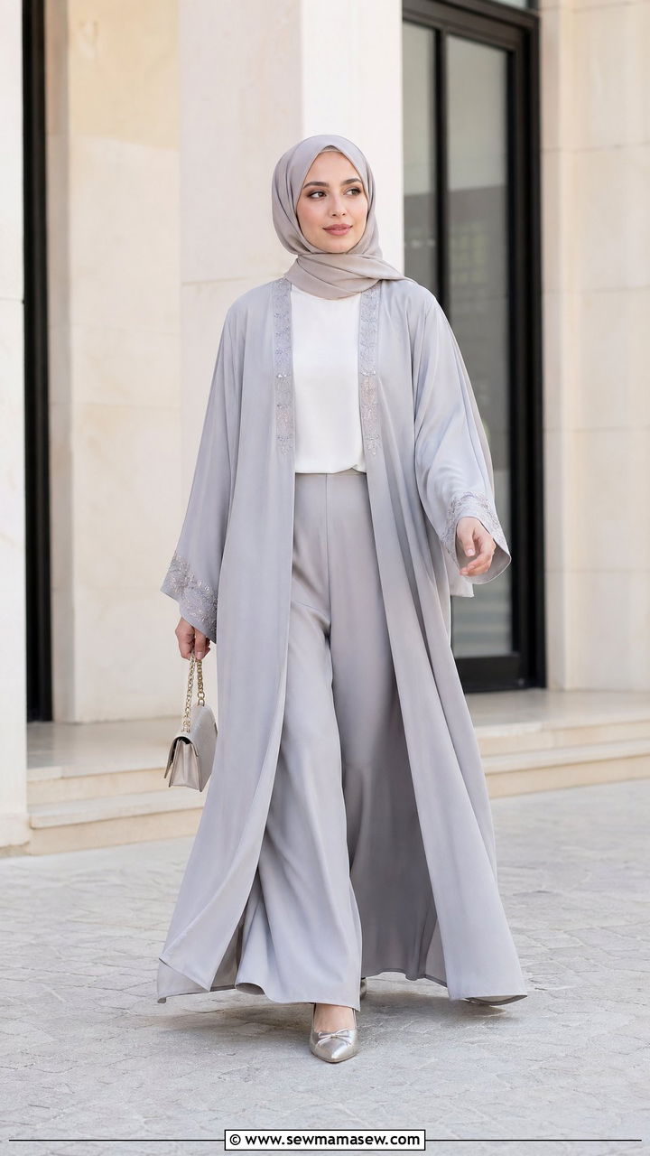 Kimono style abaya with wide leg trousers - 35 Eid outfit ideas modest