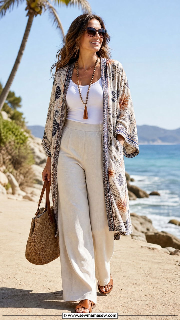 Kimono style jacket and wide leg linen pants outfit for tummy - 25 casual outfits for women with tummy