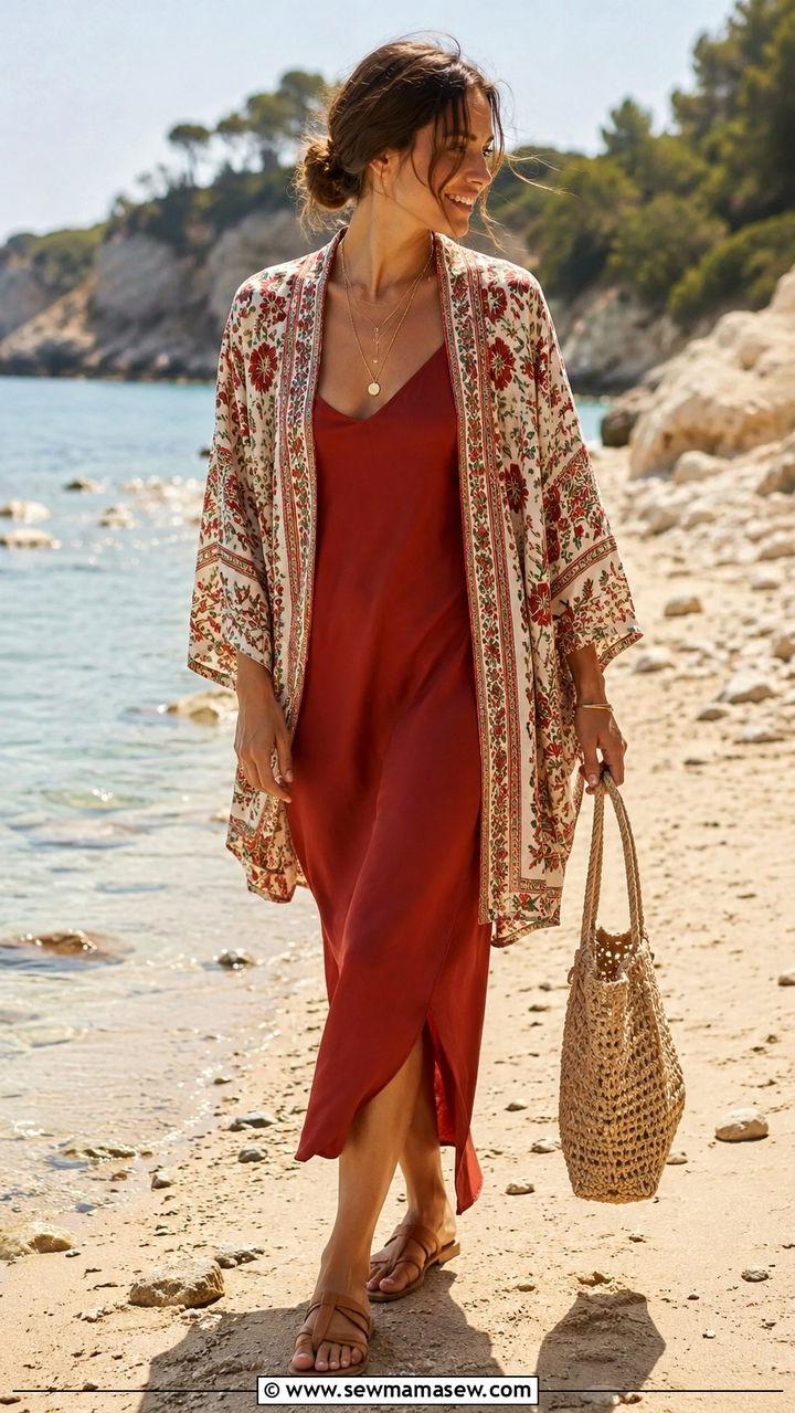 Kimono style jacket with a slip dress and flat sandals - 30 Outfit ideas for apple shape