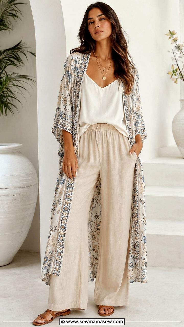 Kimono style robe over wide leg pants and a camisole - 20 Outfit ideas for belly after C section