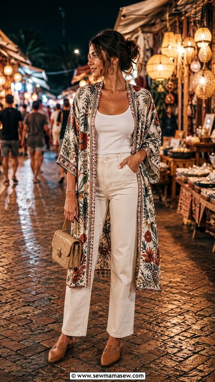Kimono style robe with straight leg trousers - 30 cute resort vacation outfits