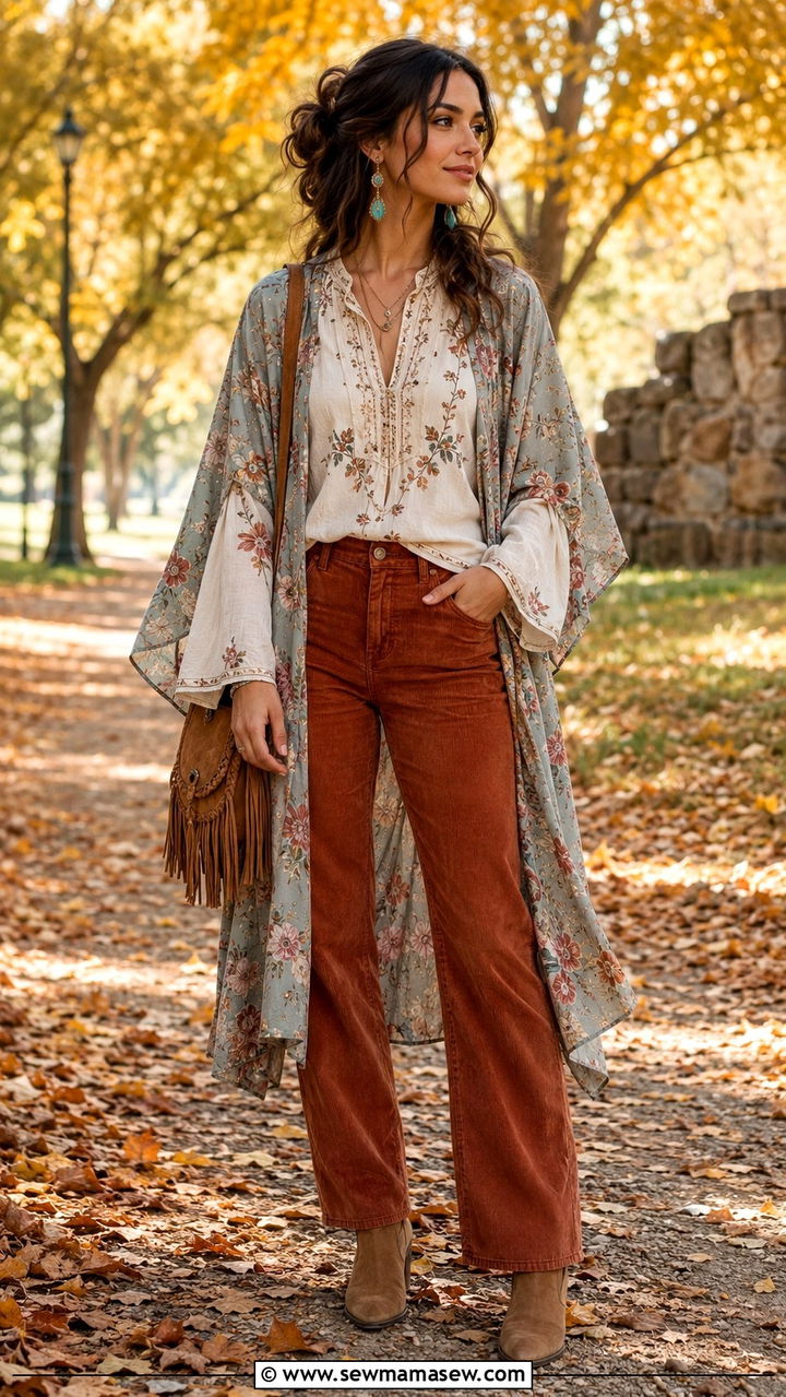 Kimono with Bell Sleeve Top and Corduroy Pants Outfit - 25 Boho outfit ideas with kimono