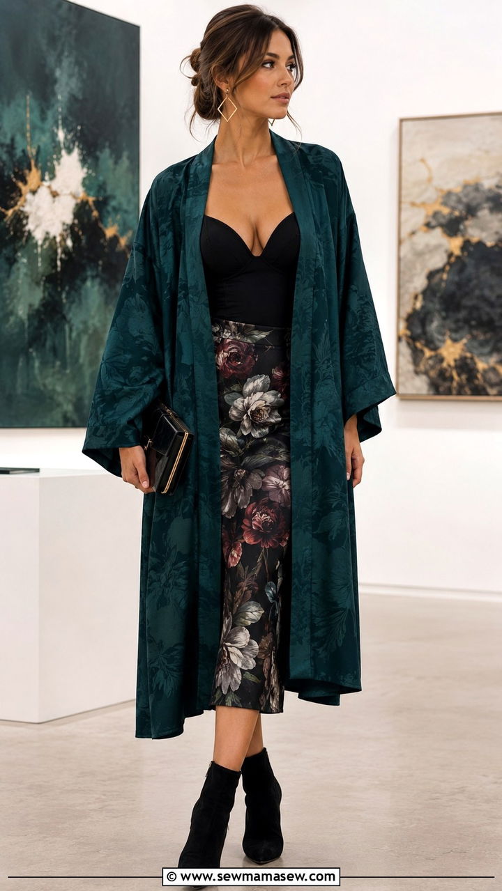 Kimono with Bodysuit and Midi Skirt Outfit - 25 Boho outfit ideas with kimono