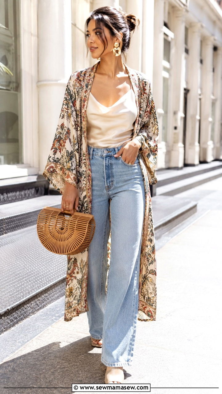 Kimono with Cami and Wide Leg Jeans Outfit - 25 Boho outfit ideas with kimono