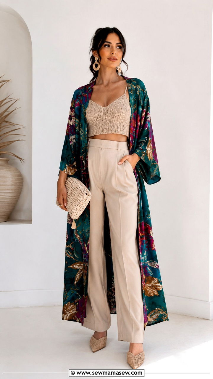 Kimono with Crop Top and High Waisted Trousers Outfit - 25 Boho outfit ideas with kimono