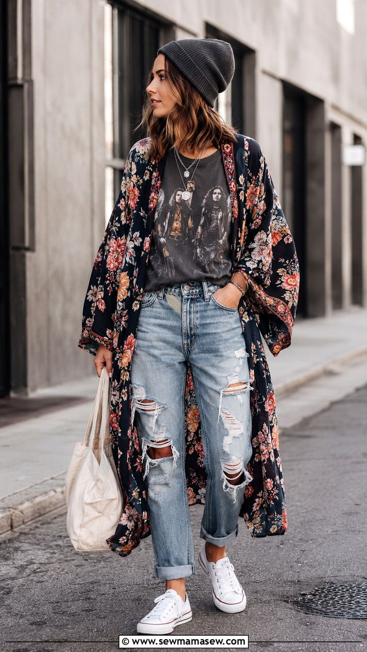 Kimono with Graphic Tee and Distressed Denim Outfit - 25 Boho outfit ideas with kimono