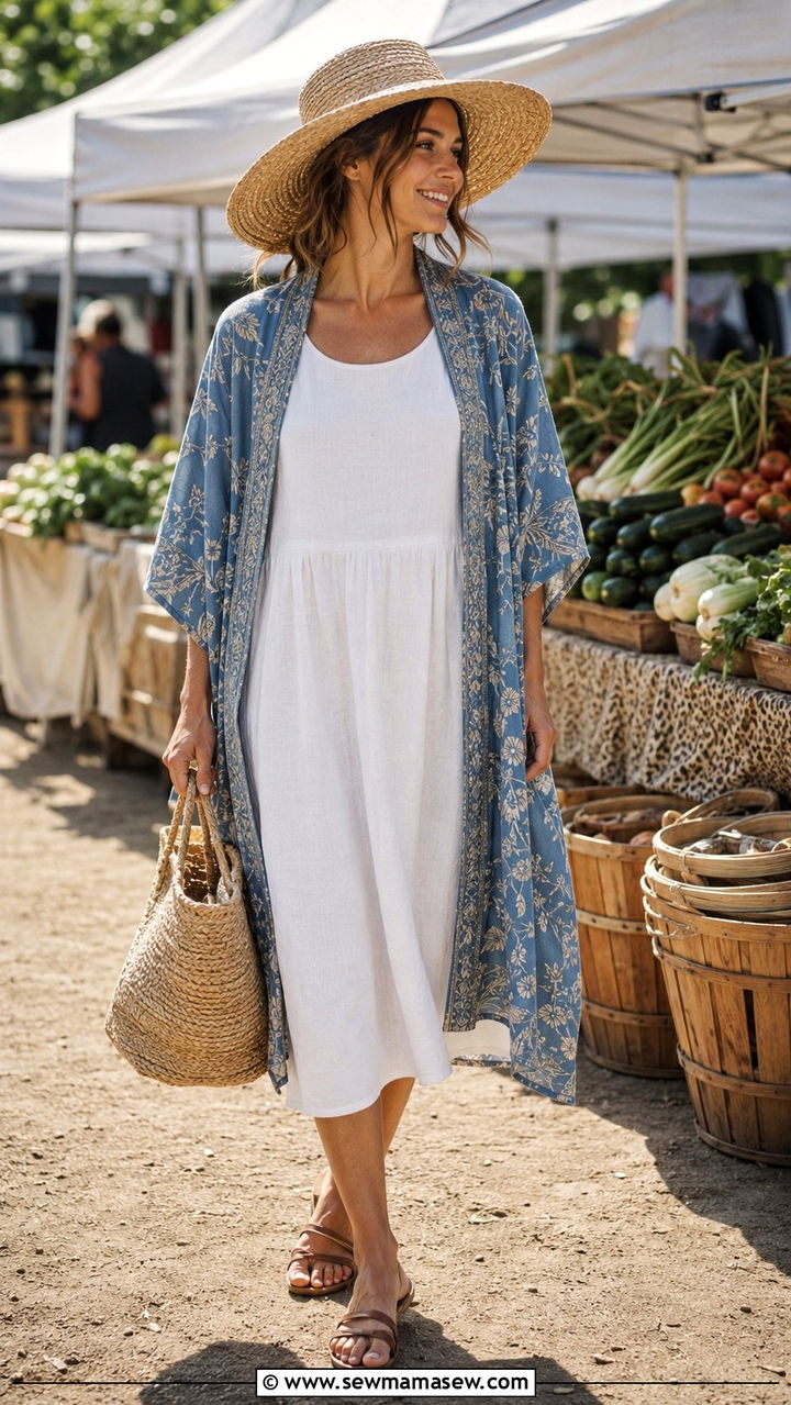 Kimono with Linen Dress and Straw Hat Outfit - 25 Boho outfit ideas with kimono