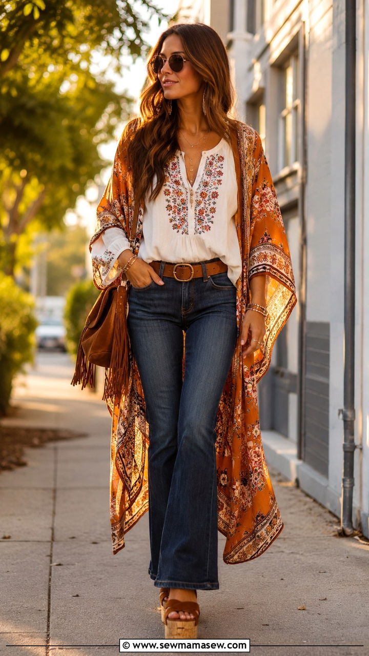 Kimono with Peasant Top and Flared Jeans Outfit - 25 Boho outfit ideas with kimono