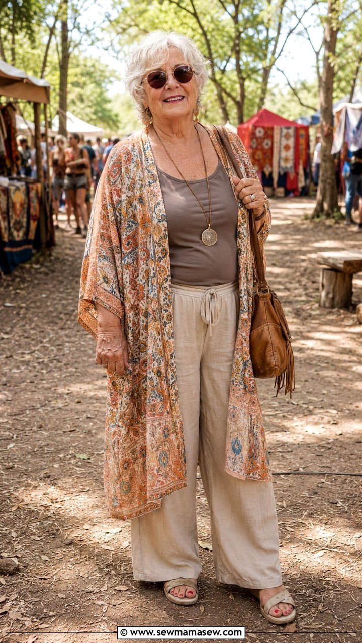 Kimono with Tank Top and Wide Leg Pants - 25 Plus size outfit ideas for women over 70