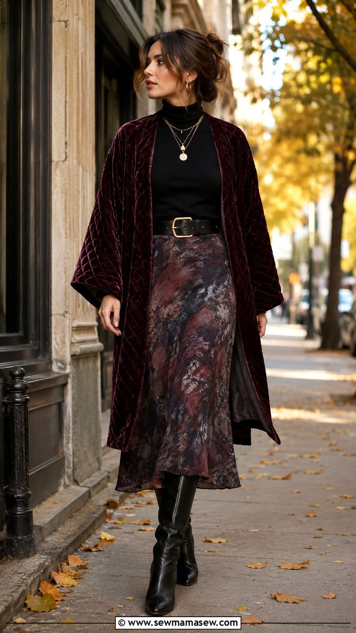 Kimono with Turtleneck and Midi Skirt Outfit - 25 Boho outfit ideas with kimono
