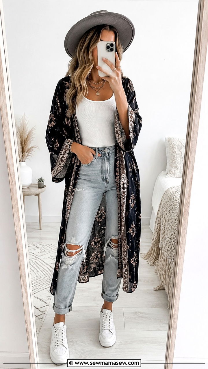 Kimono with White Tank and Ripped Jeans Outfit - 25 Boho outfit ideas with kimono