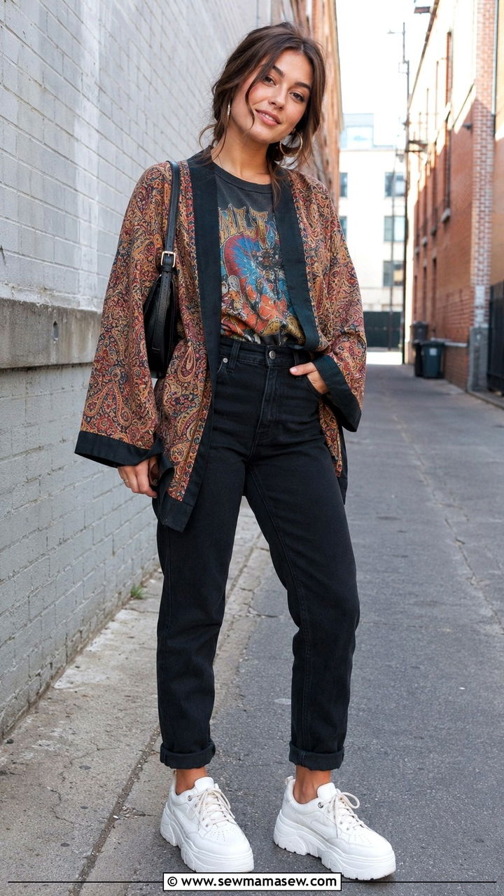 Kimono with a graphic t shirt outfit - 30 How to style a kimono