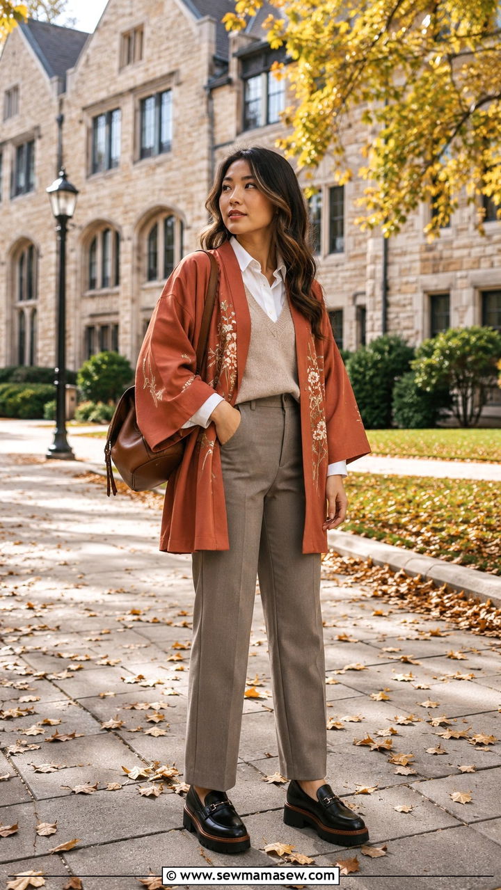Kimono with a sweater vest outfit - 30 How to style a kimono