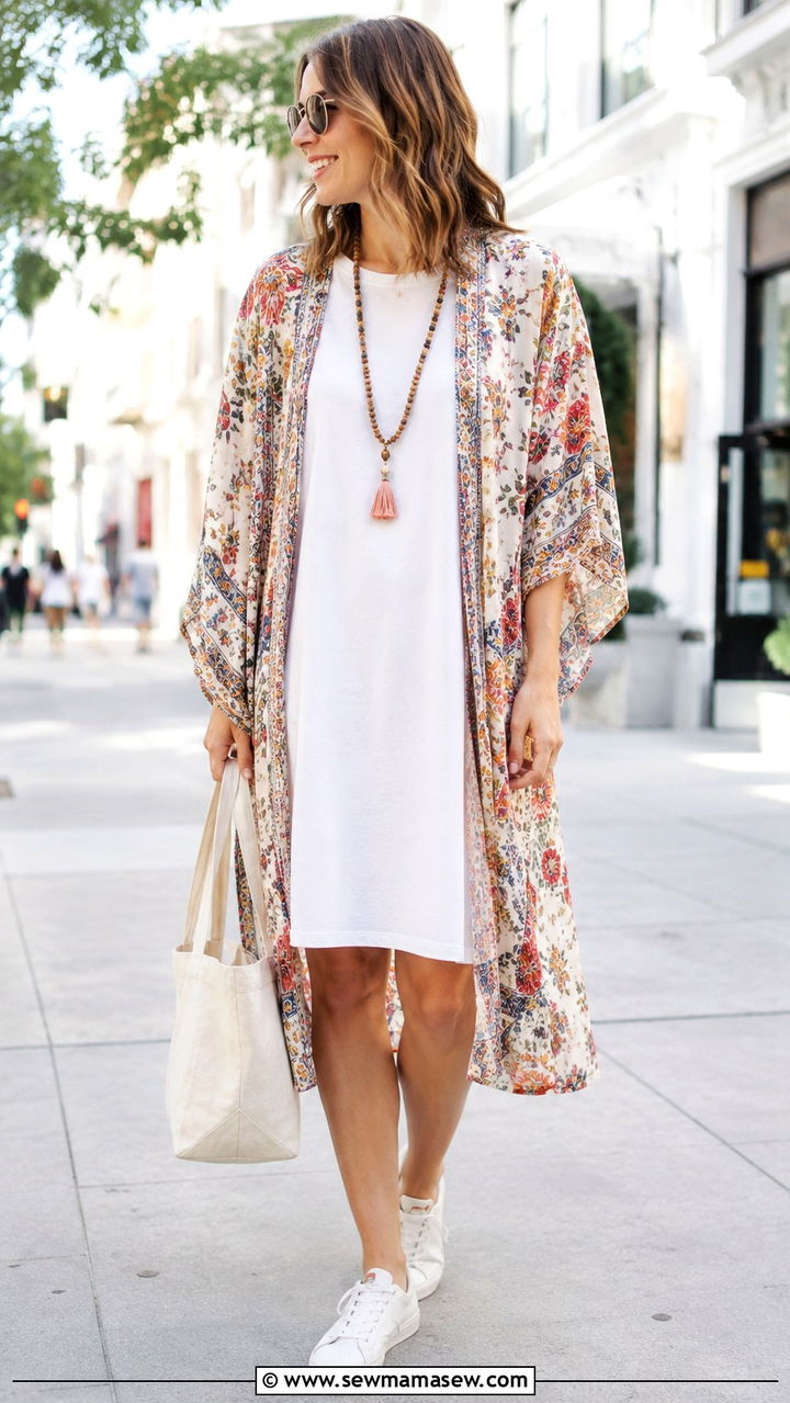 Kimono with a t shirt dress outfit - 30 How to style a kimono