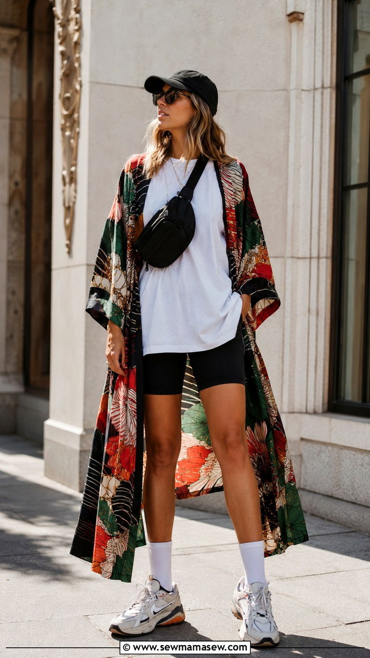 Kimono with bike shorts and oversized tee outfit - 30 How to style a kimono