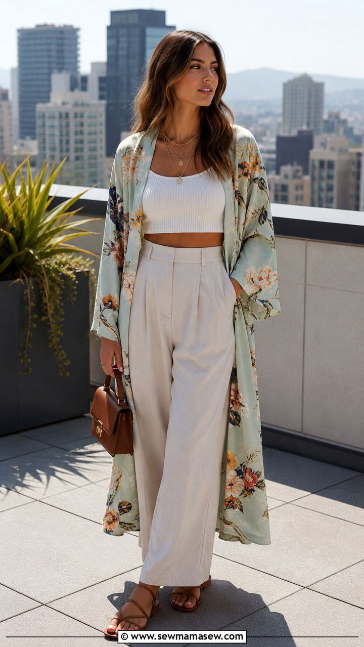Kimono with crop top and high waisted trousers outfit - 30 How to style a kimono