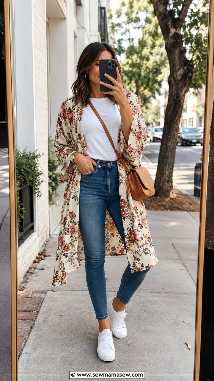 Kimono with jeans and white t shirt outfit - 30 How to style a kimono