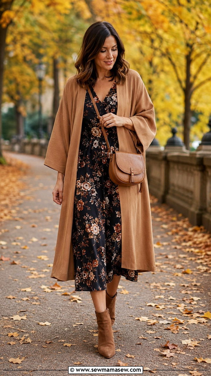 Kimono with midi dress and ankle boots outfit - 30 How to style a kimono