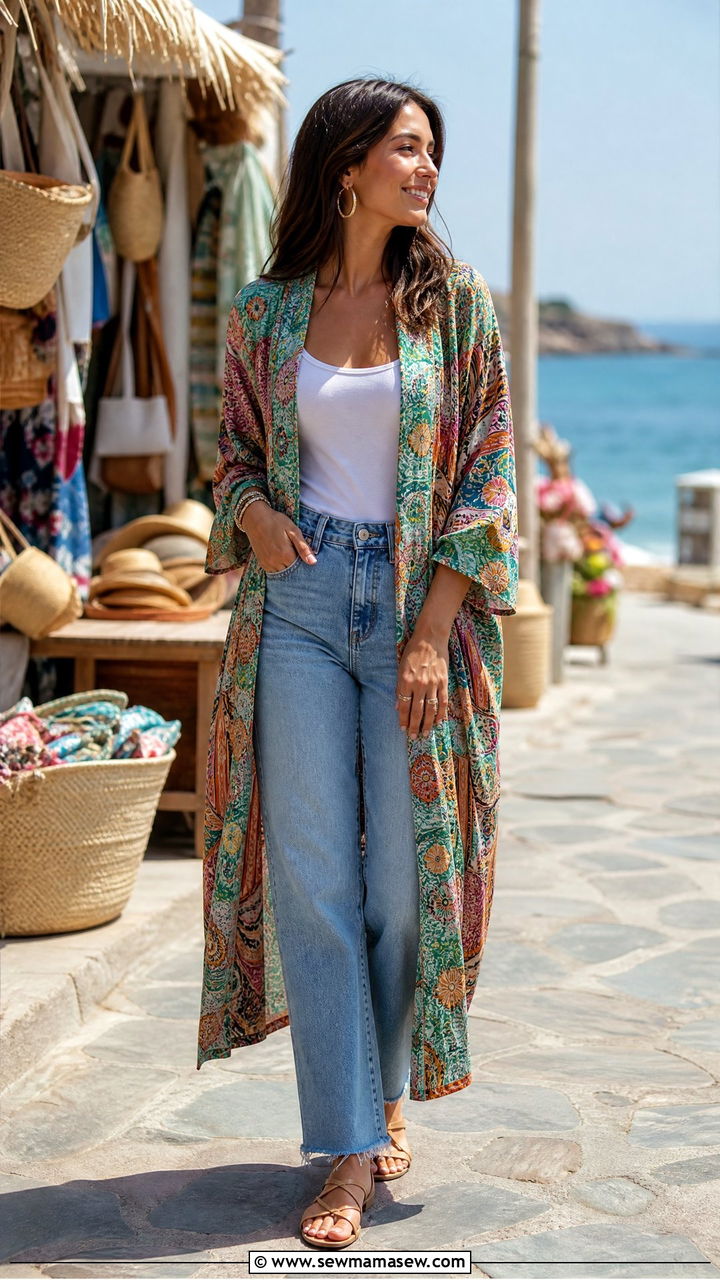 Kimono with tank top and jeans - 30 Elevated casual outfit ideas for women over 50