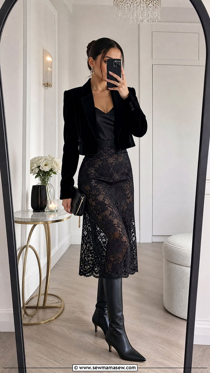 Kitten Heel Knee High Boots and a Lace Midi Skirt - 25 Knee high boots outfit ideas with a skirt