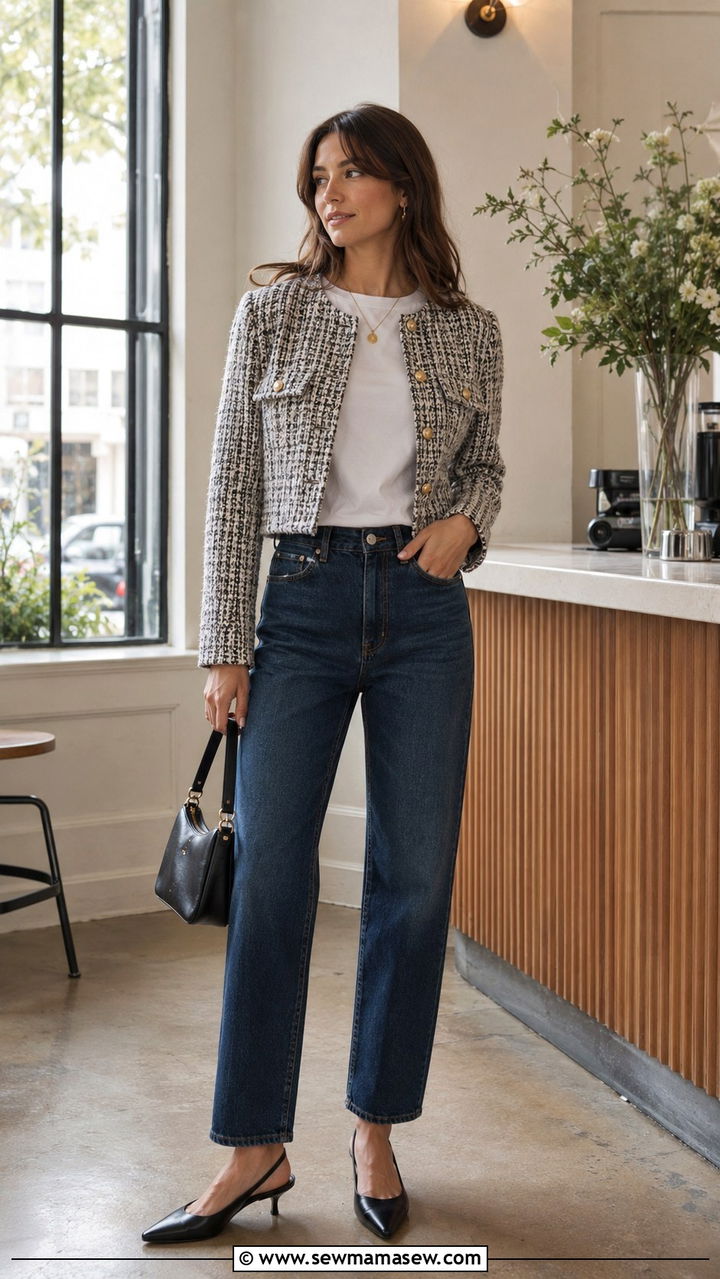 Kitten Heel Slingbacks With Straight Leg Jeans Outfit - 30 Heels outfit ideas with jeans