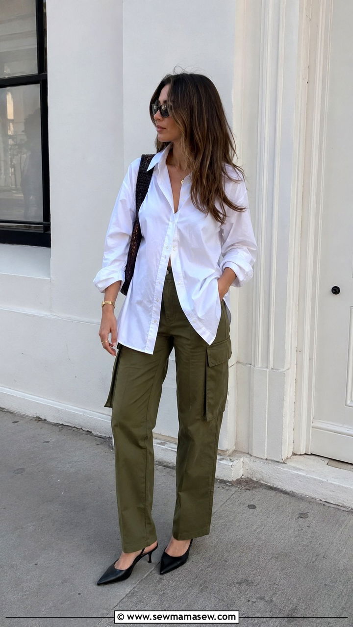 Kitten Heels with Cargo Pants and Oversized Shirt - 20 How to style kitten heels