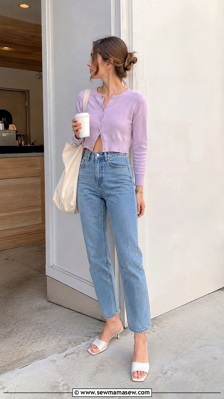 Kitten Heels with Cropped Cardigan and High Waist Jeans - 20 How to style kitten heels
