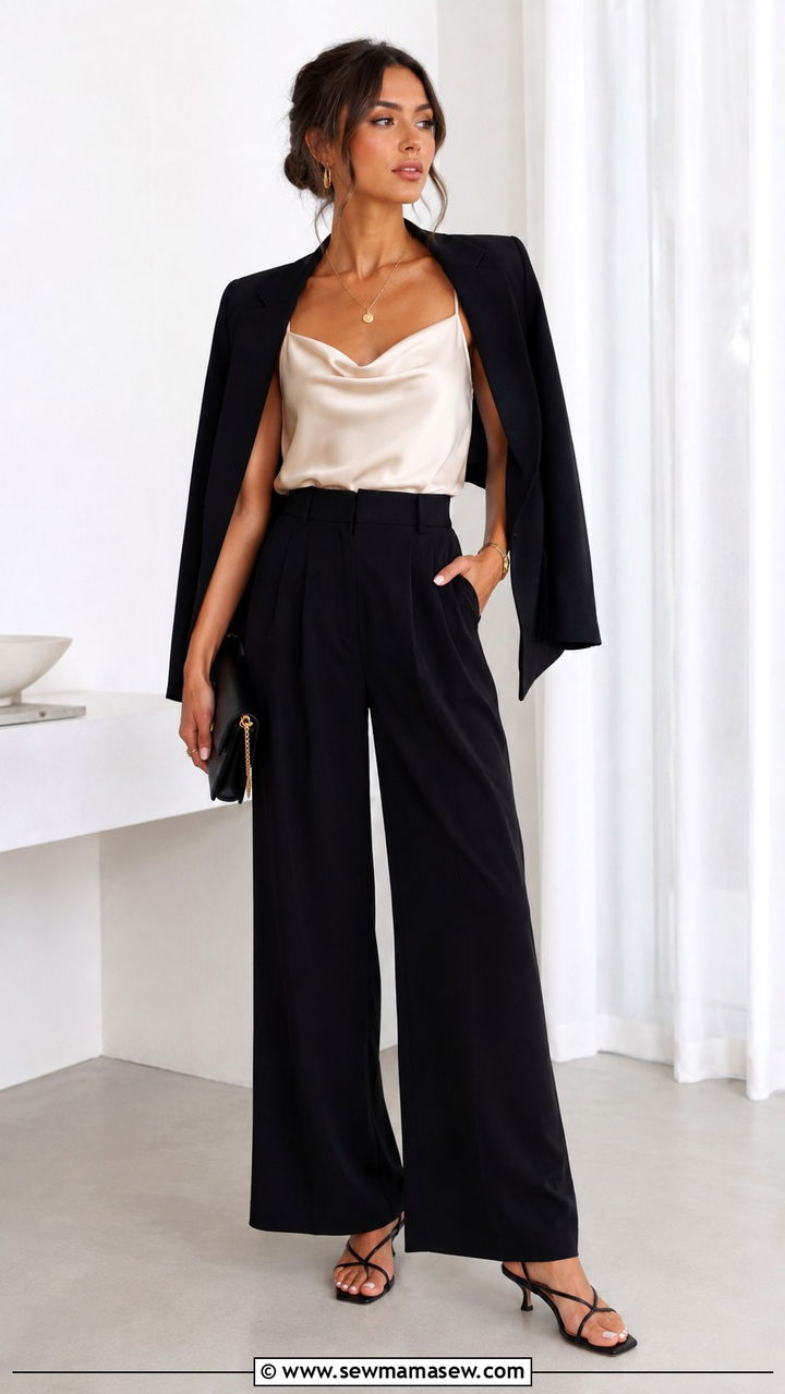 Kitten Heels with Satin Cami and Wide Leg Pants - 20 How to style kitten heels