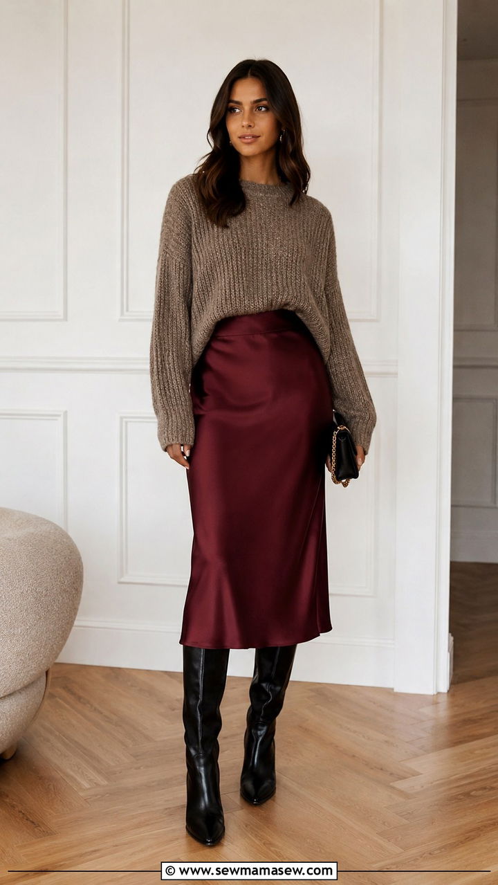 Knee High Boots With A Chunky Knit And A Satin Midi Skirt - 30 Knee high boot outfit ideas