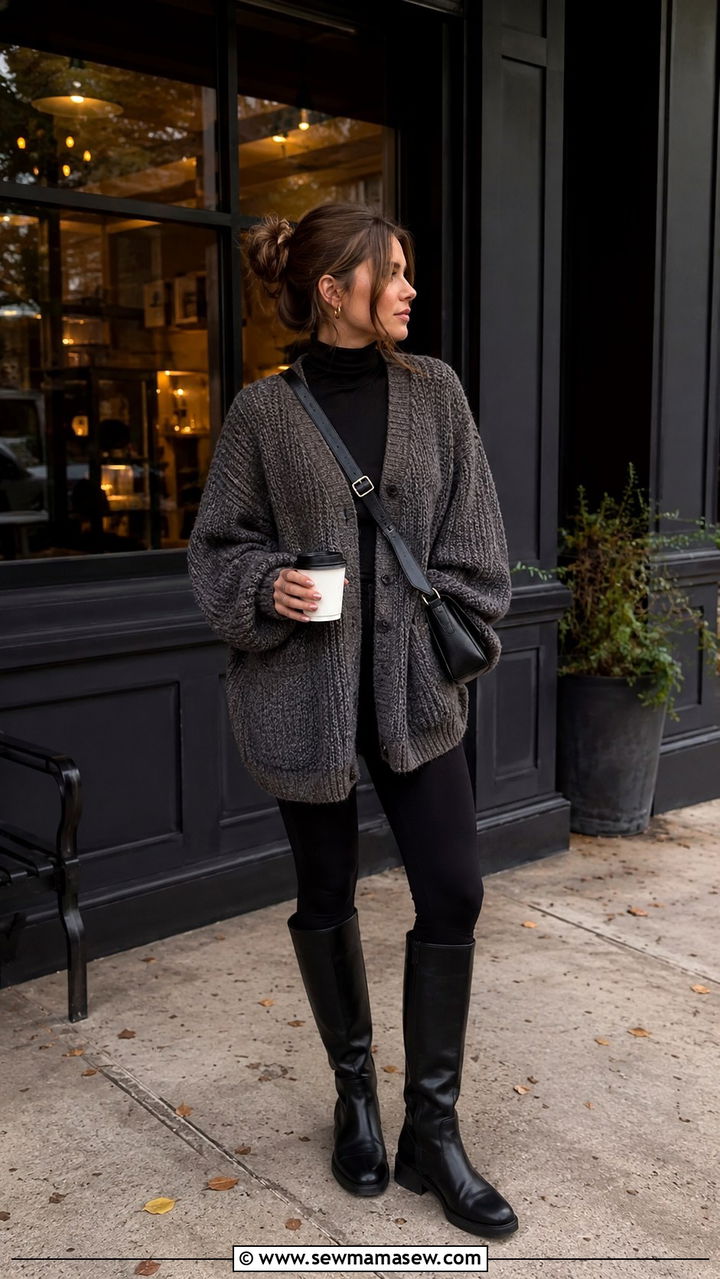 Knee High Boots With An Oversized Cardigan And Leggings - 30 Knee high boot outfit ideas