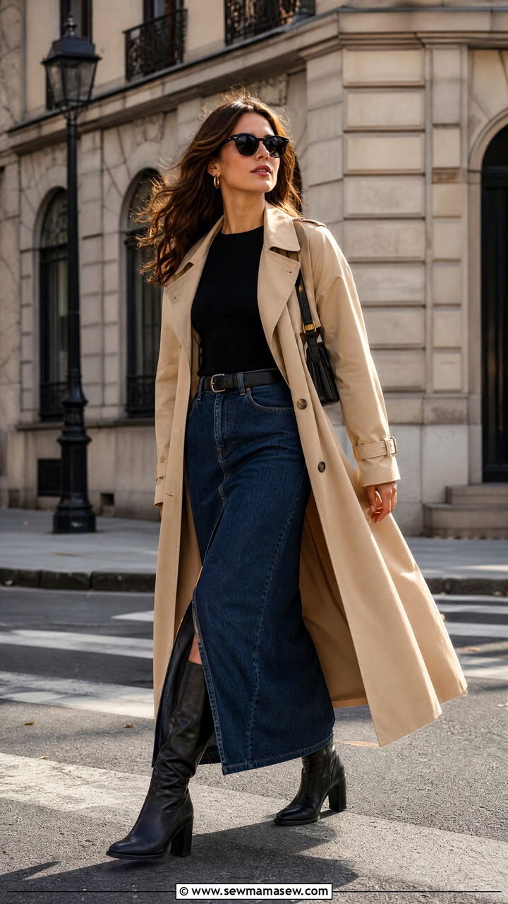 Knee High Boots and a Denim Maxi Skirt with a Trench Coat - 25 Knee high boots outfit ideas with a skirt
