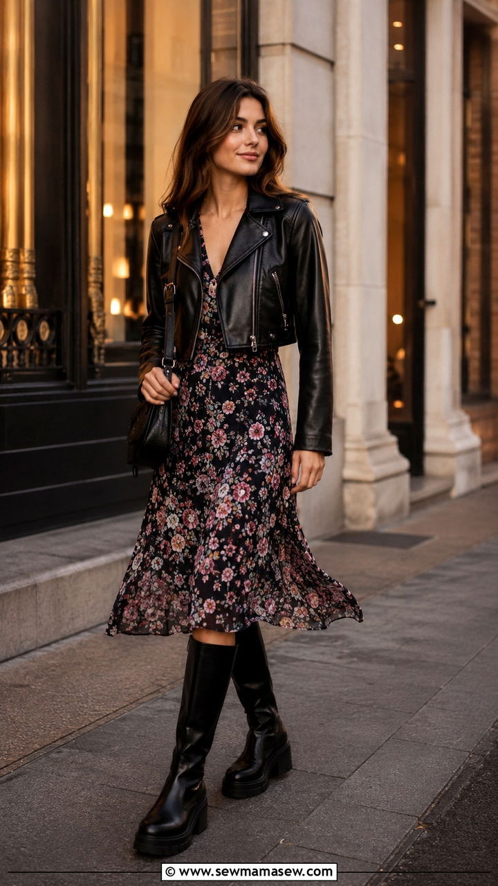 Knee High Boots with Leather Jacket and Printed Dress - 30 How to style knee high boots in spring