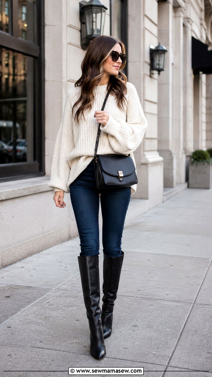 Knee High Boots with Skinny Jeans and Oversized Sweater - 30 knee high boots outfit ideas