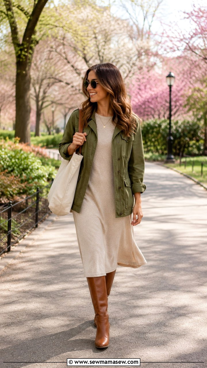 Knee High Boots with Utility Jacket and Midi Dress - 30 How to style knee high boots in spring