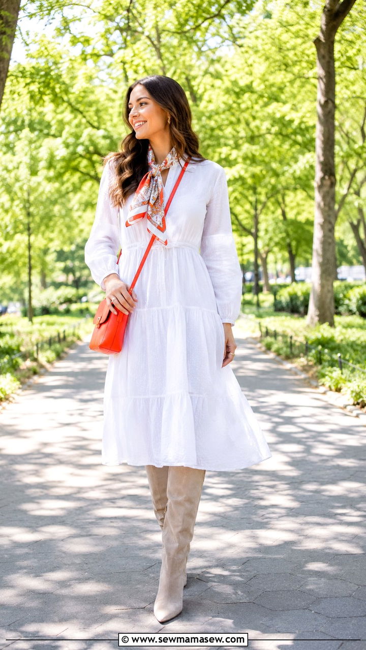 Knee High Boots with White Cotton Dress - 30 How to style knee high boots in spring